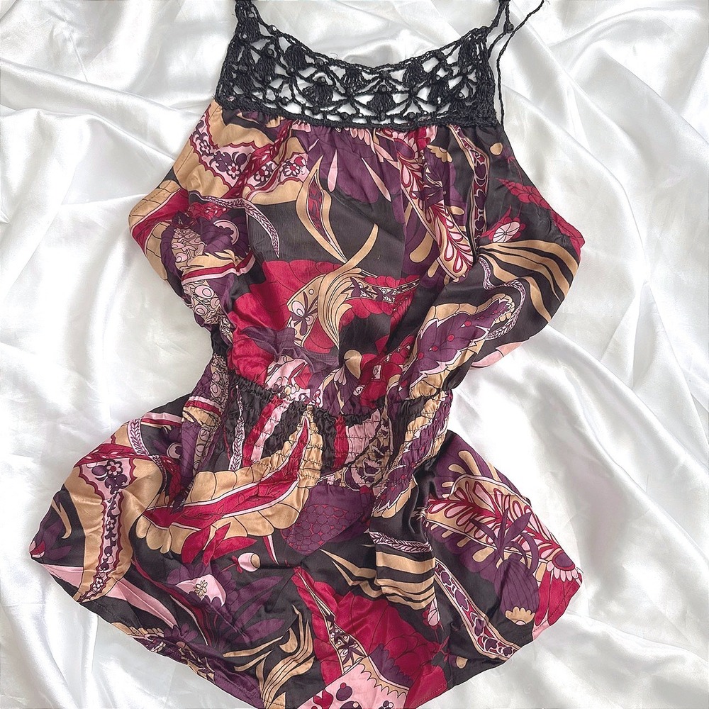 Cache Silk Paisley Cami Top Crochet Beaded Smocked Waist Plum Small 2024D3SC